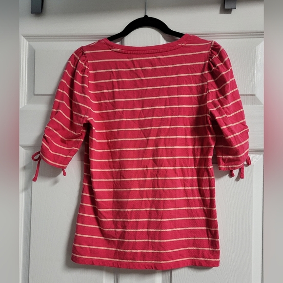 Talbot's Womens Cotton Striped Pink And Peach V-Neck Top W/Tie Sleeves - Size S - Picture 2 of 4